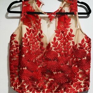 Red Tan Embellished Crop Tank Top